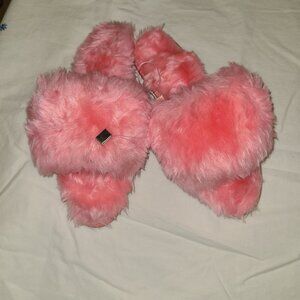 True VTG DEADSTOCK Mid-Century Faux Fur Hot Pink Slippers SZ 7 USA Made Peep Toe